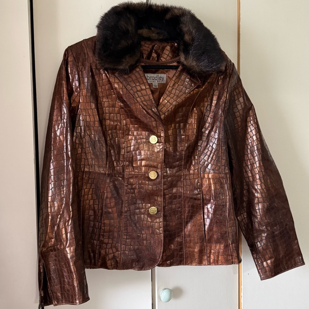Vintage Stunning Bradley Bayou Brown Croc 100% Leather Jacket w Faux Fur Collar - Picture 4 of 7